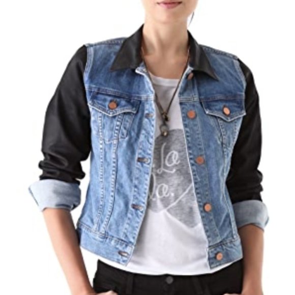 J Brand Bowie Denim Jacket Two-tone Coated Leather Effect: Model Off Duty Vibes - Picture 12 of 12